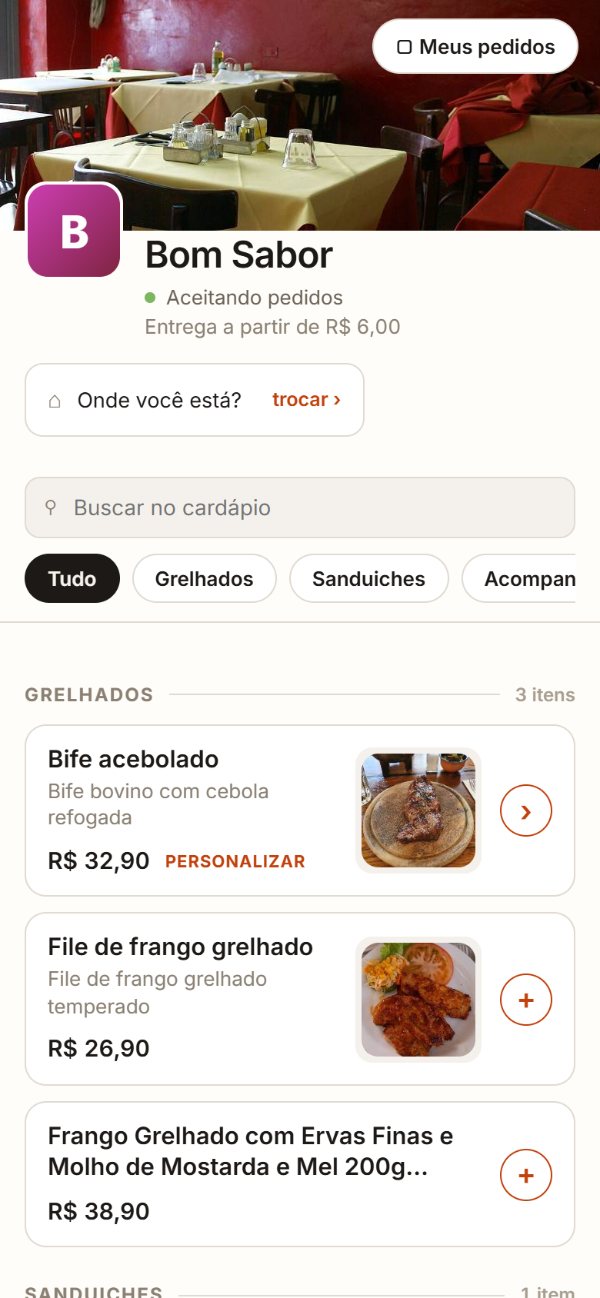 O cardápio digital no celular: a capa da loja Bom Sabor aceitando pedidos, a busca, as categorias e os pratos com foto e preço.